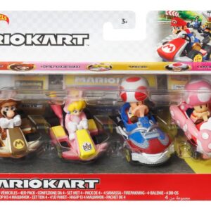 Hot Wheels Mario Kart 4 Pack Tanooki mario, cat peach, toad, toadette